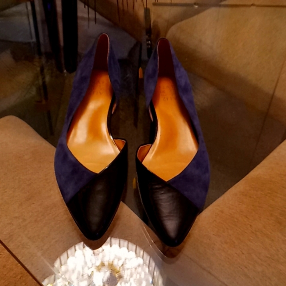 Women's Navy Blue Genuine Suede & Genuine Patent Leather Flat Shoes.